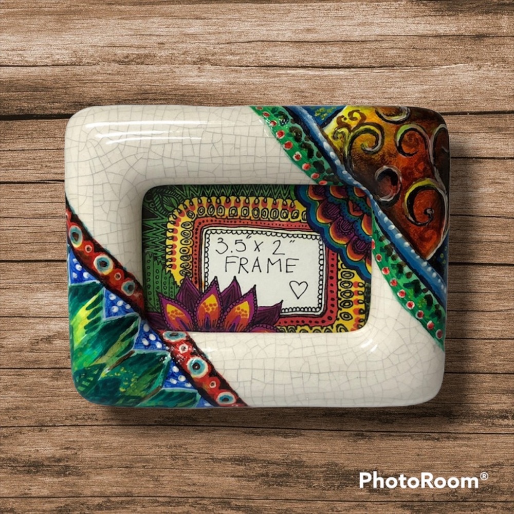 Colorful picture Frame Small ceramic handpainted Leaves tropical floral
